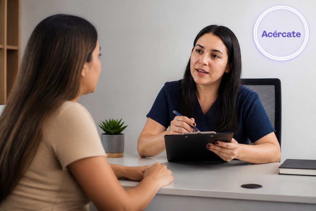 Médico especialista en salud sexual en una consulta privada, explicando resultados de pruebas a una paciente en un consultorio moderno y discreto, con gráficos informativos sobre genotipos de VPH visibles en la pared