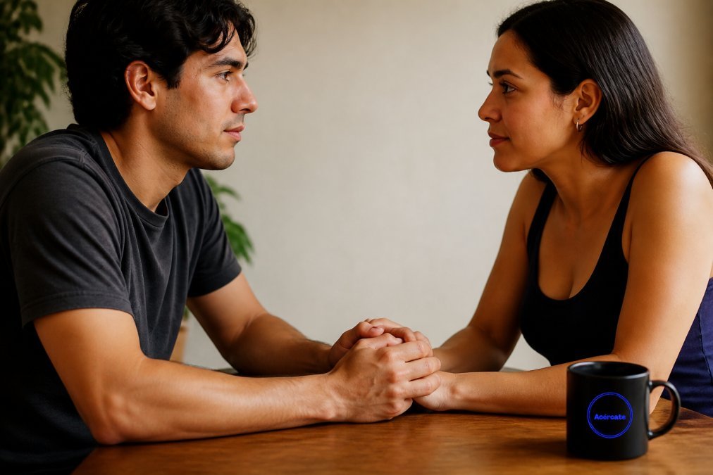 Manos de pareja tomadas sobre una mesa, mostrando conexión y confianza durante una conversación íntima