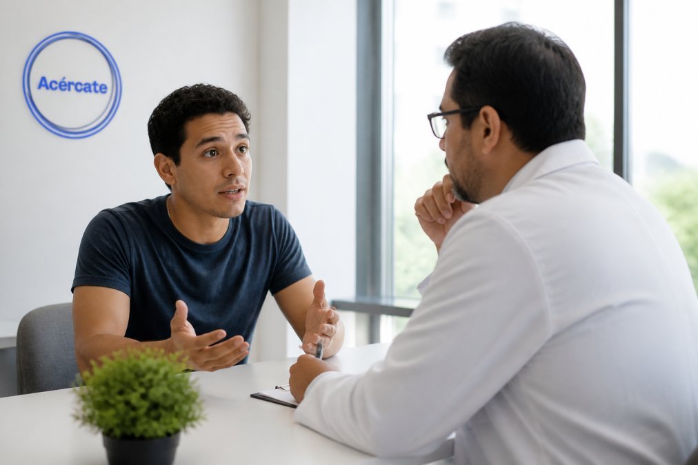 Profesional de salud escuchando atentamente a un paciente en un consultorio privado, con ambiente tranquilo y confidencial