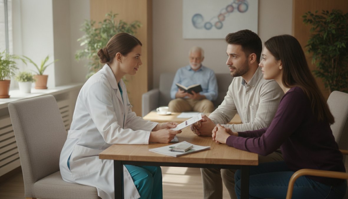 Médico profesional explicando a una paciente la recuperación y cuánto tiempo dura el VPH en un consultorio clínico confiable.