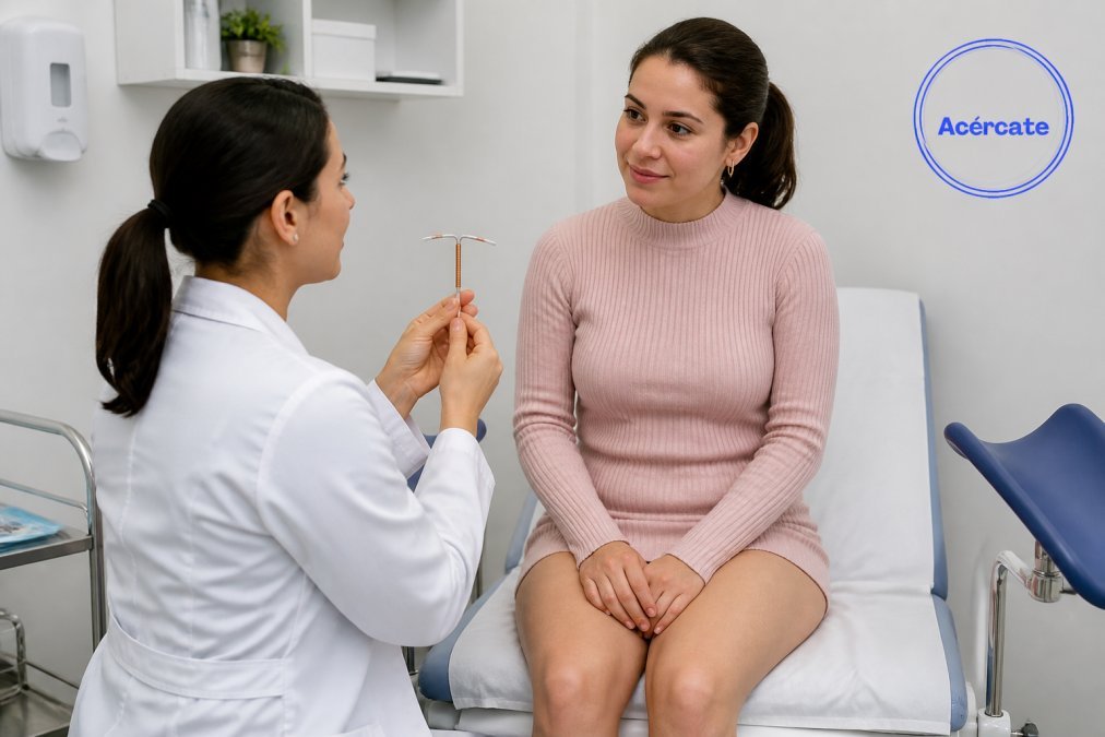 Profesional de la salud realizando exploración ginecológica en consultorio moderno, explicando el procedimiento a una paciente sentada en la camilla de examen con iluminación clínica clara