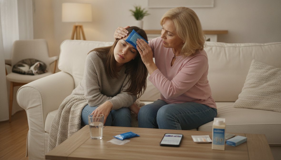 Persona adulta descansando en el sofá con una bolsa de hielo en el brazo, en un ambiente hogareño cálido y tranquilo