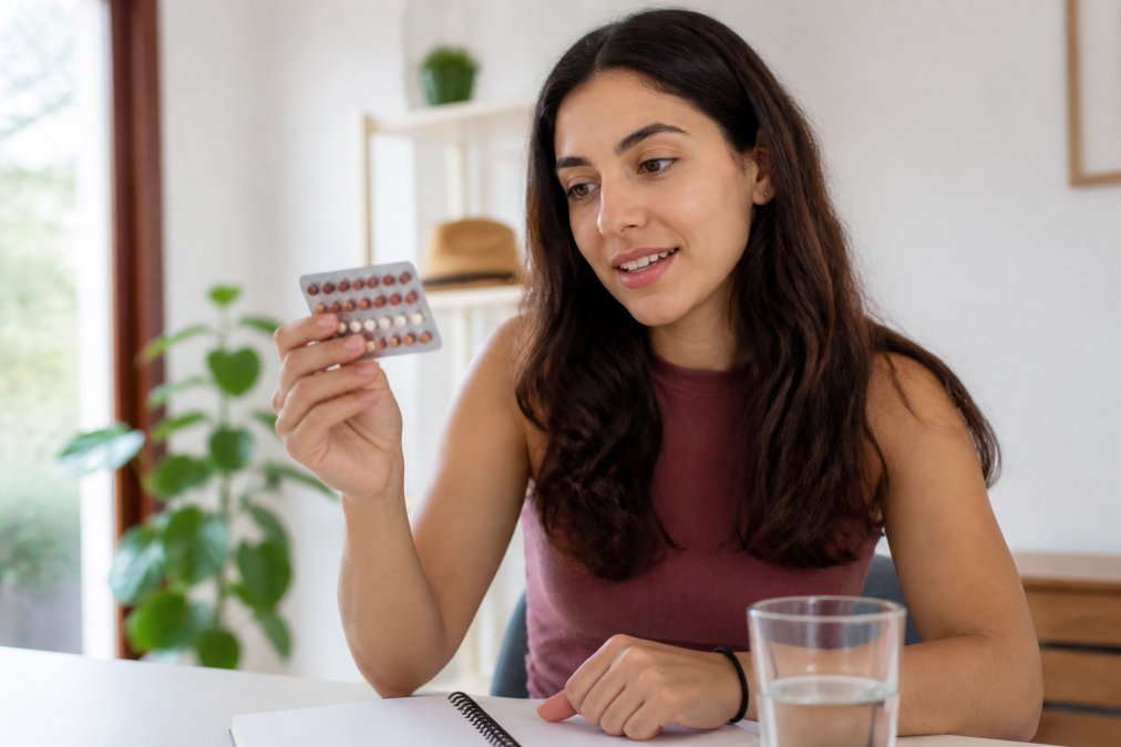 Mujer sosteniendo un blíster de pastillas anticonceptivas en una mano, con una libreta y un vaso de agua sobre una mesa luminosa en casa