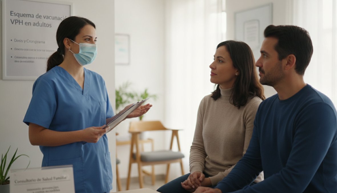 Profesional de la salud aplicando la vacuna VPH en el brazo de un paciente adulto en un consultorio médico moderno