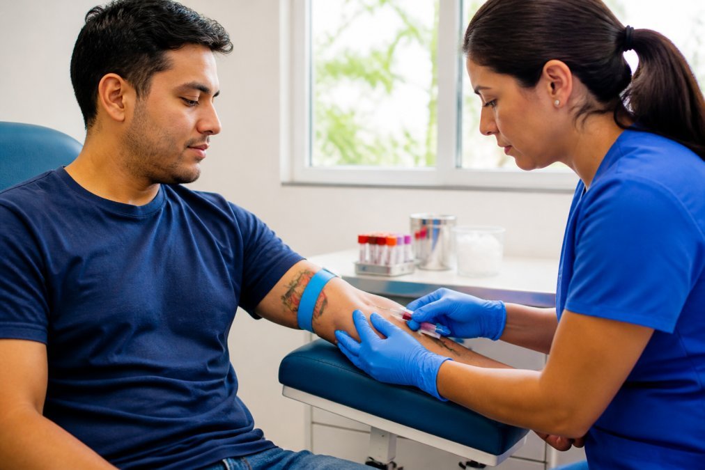 Un profesional de la salud con guantes azules realizando una toma de muestra de sangre en el brazo de un paciente en una clínica moderna y luminosa, con luz natural entrando por una ventana