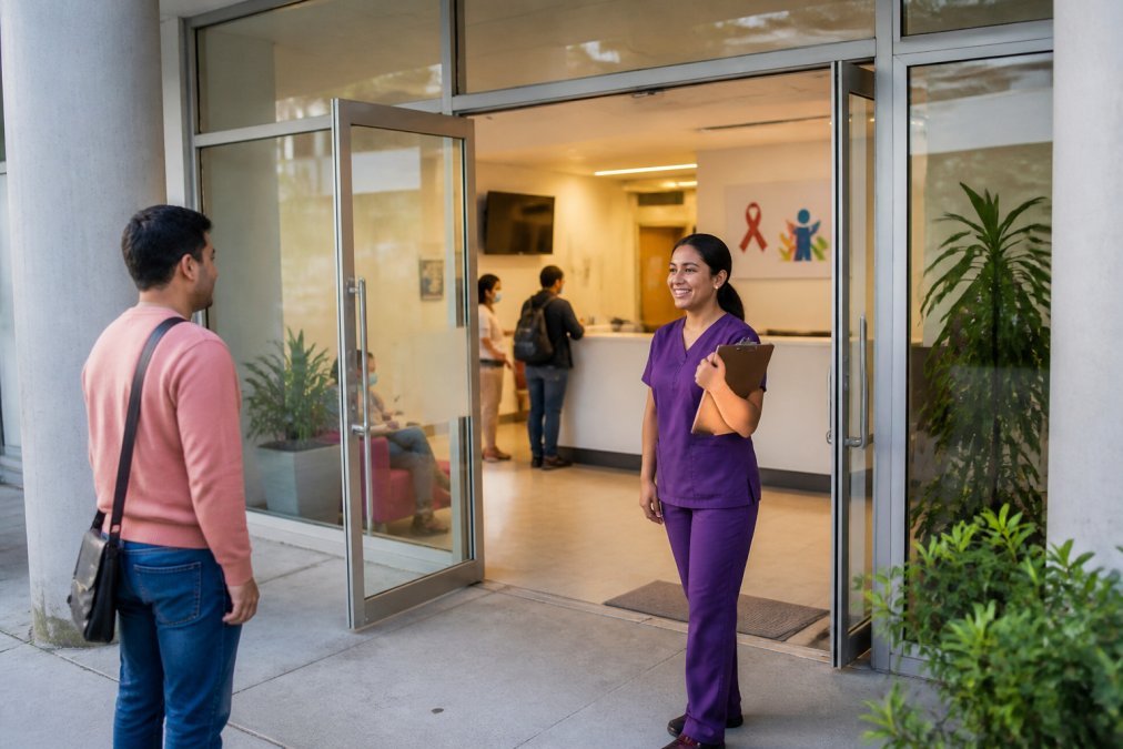 Entrada de una clínica de salud sexual moderna con señalización clara, personal médico accesible, ambiente profesional y acogedor