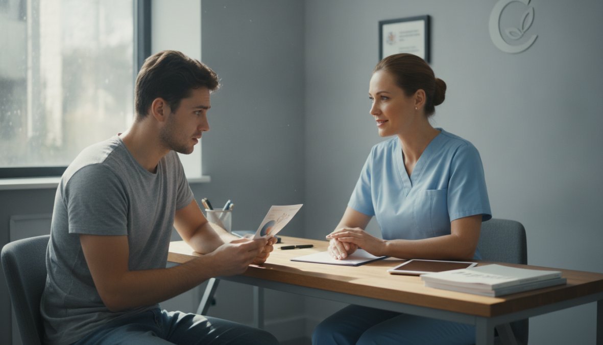 Paciente en consulta médica hablando con un profesional sobre los síntomas de infecciones de transmisión sexual en clínica