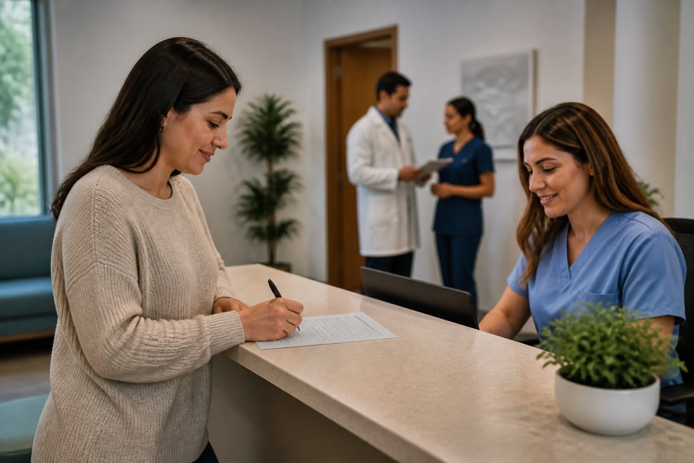 Paciente adulto llenando un formulario para vacunarse contra vph después de los 30 en la recepción de una clínica médica.
